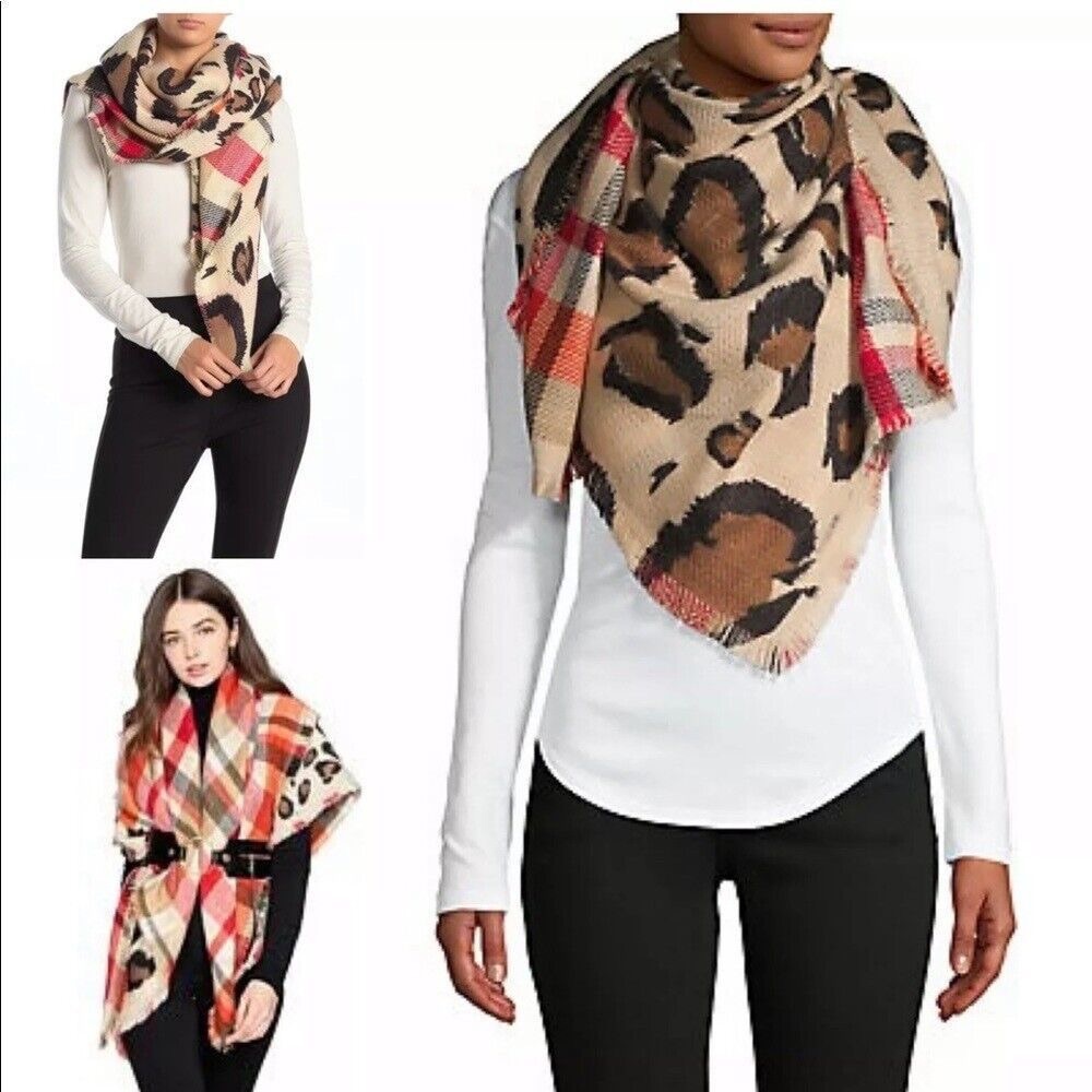Vince Camuto Leopard and Plaid Reversible Scarf Blanket